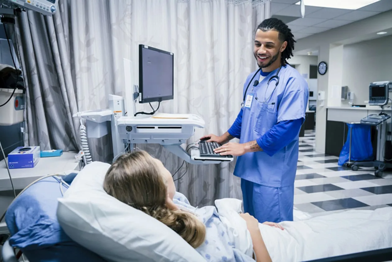 Male nurse reviews education content with female patient in hospital