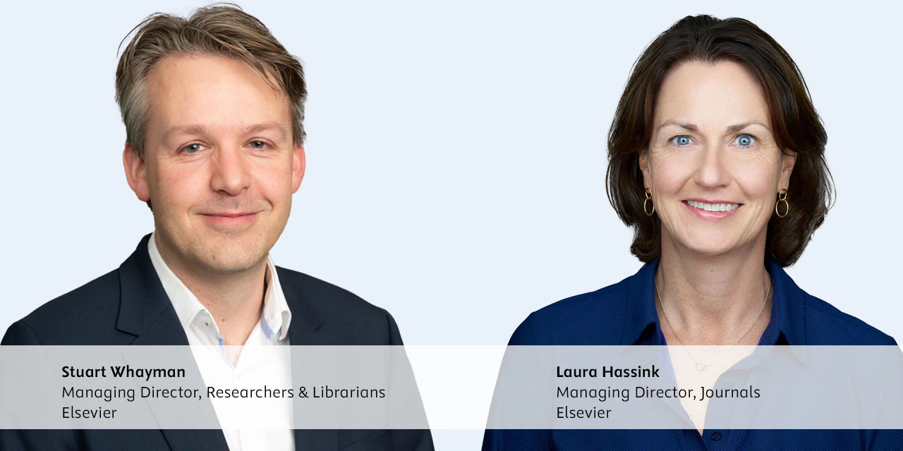 Elsevier's Stuart Whayman, Managing Director, Researchers & Librarians, and Laura Hassink, Managing Director, Journals, with open padlock symbol for open access